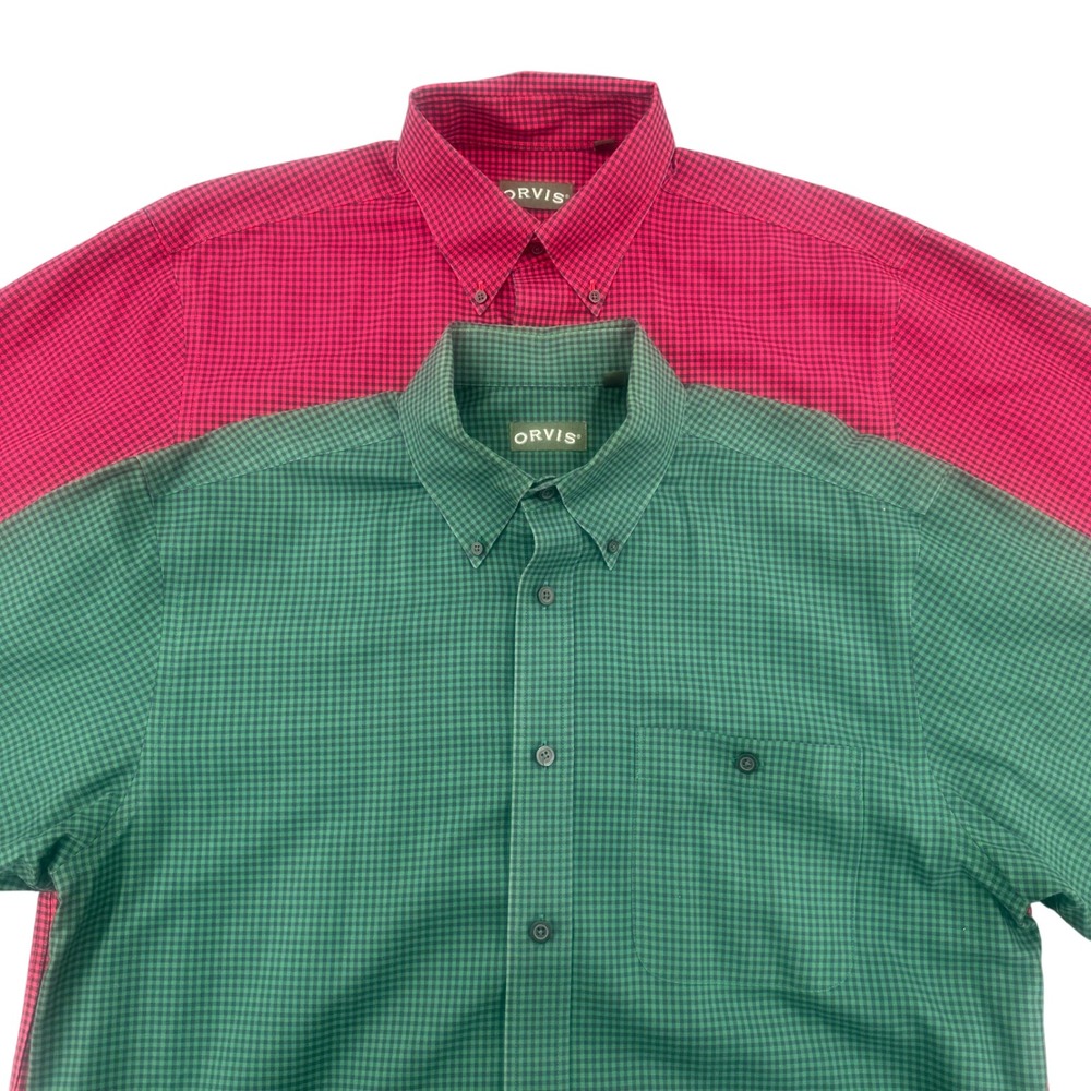 Lot of 2 Orvis Mens Large Gingham Button Down Shirt Plaid Green Red Long Sleeve